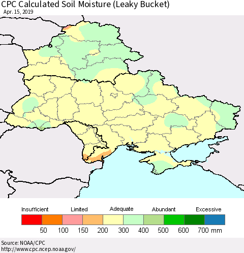 Ukraine, Moldova and Belarus CPC Calculated Soil Moisture (Leaky Bucket) Thematic Map For 4/11/2019 - 4/15/2019