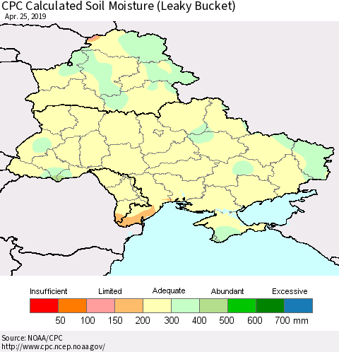 Ukraine, Moldova and Belarus CPC Calculated Soil Moisture (Leaky Bucket) Thematic Map For 4/21/2019 - 4/25/2019