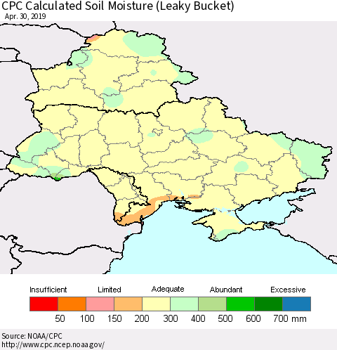 Ukraine, Moldova and Belarus CPC Calculated Soil Moisture (Leaky Bucket) Thematic Map For 4/26/2019 - 4/30/2019
