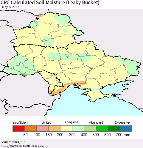 Ukraine, Moldova and Belarus CPC Calculated Soil Moisture (Leaky Bucket) Thematic Map For 5/1/2019 - 5/5/2019