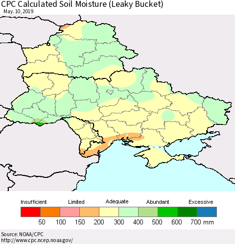 Ukraine, Moldova and Belarus CPC Calculated Soil Moisture (Leaky Bucket) Thematic Map For 5/6/2019 - 5/10/2019