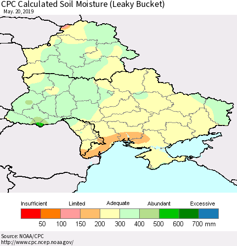 Ukraine, Moldova and Belarus CPC Calculated Soil Moisture (Leaky Bucket) Thematic Map For 5/16/2019 - 5/20/2019