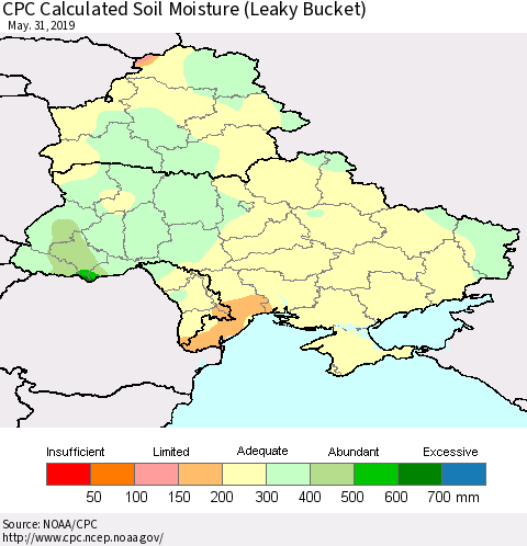 Ukraine, Moldova and Belarus CPC Calculated Soil Moisture (Leaky Bucket) Thematic Map For 5/26/2019 - 5/31/2019