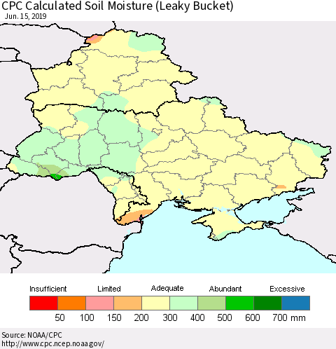 Ukraine, Moldova and Belarus CPC Calculated Soil Moisture (Leaky Bucket) Thematic Map For 6/11/2019 - 6/15/2019