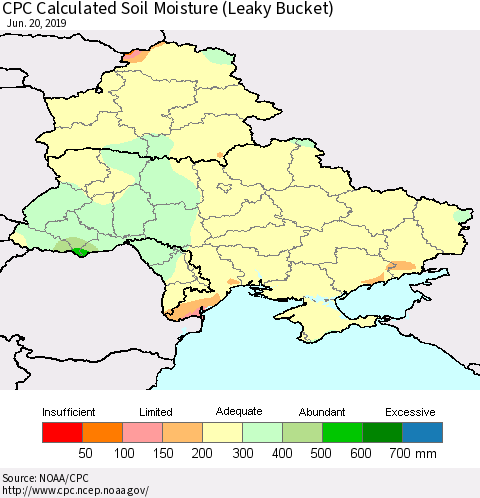 Ukraine, Moldova and Belarus CPC Calculated Soil Moisture (Leaky Bucket) Thematic Map For 6/16/2019 - 6/20/2019