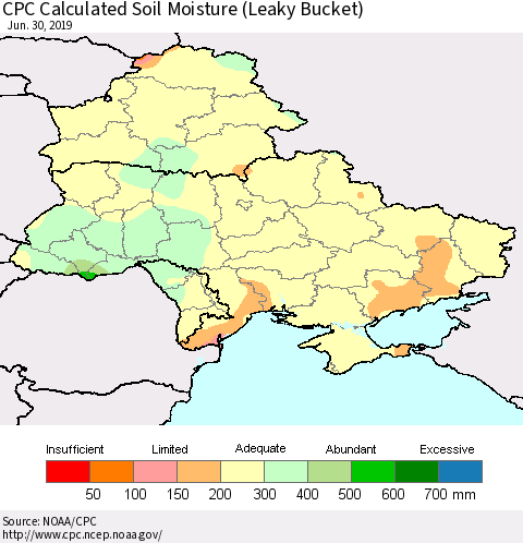Ukraine, Moldova and Belarus CPC Calculated Soil Moisture (Leaky Bucket) Thematic Map For 6/26/2019 - 6/30/2019