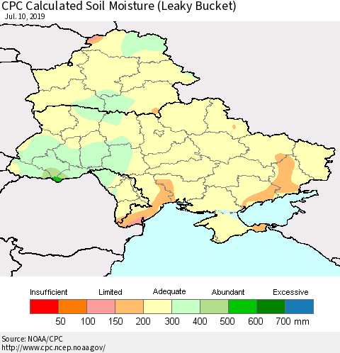 Ukraine, Moldova and Belarus CPC Calculated Soil Moisture (Leaky Bucket) Thematic Map For 7/6/2019 - 7/10/2019