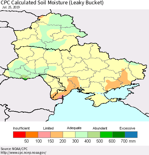 Ukraine, Moldova and Belarus CPC Calculated Soil Moisture (Leaky Bucket) Thematic Map For 7/21/2019 - 7/25/2019