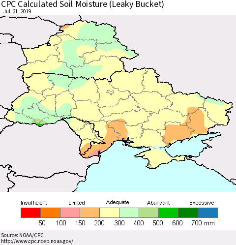 Ukraine, Moldova and Belarus CPC Calculated Soil Moisture (Leaky Bucket) Thematic Map For 7/26/2019 - 7/31/2019