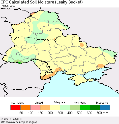 Ukraine, Moldova and Belarus CPC Calculated Soil Moisture (Leaky Bucket) Thematic Map For 8/1/2019 - 8/5/2019