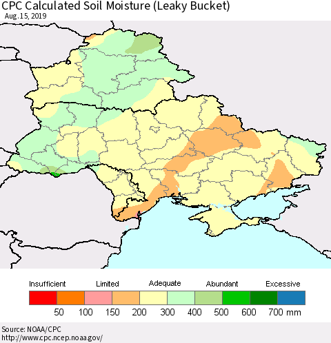 Ukraine, Moldova and Belarus CPC Calculated Soil Moisture (Leaky Bucket) Thematic Map For 8/11/2019 - 8/15/2019