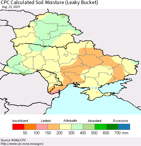 Ukraine, Moldova and Belarus CPC Calculated Soil Moisture (Leaky Bucket) Thematic Map For 8/21/2019 - 8/25/2019