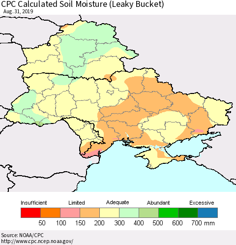 Ukraine, Moldova and Belarus CPC Calculated Soil Moisture (Leaky Bucket) Thematic Map For 8/26/2019 - 8/31/2019