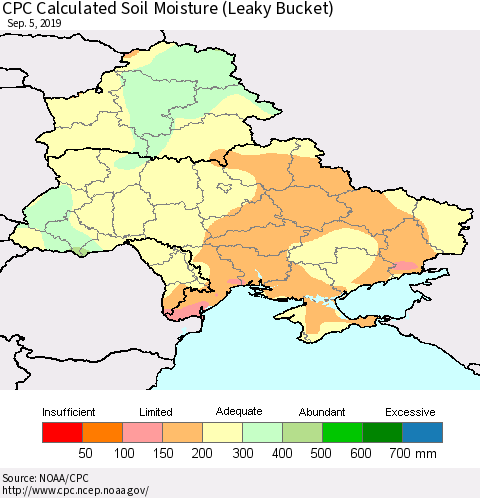 Ukraine, Moldova and Belarus CPC Calculated Soil Moisture (Leaky Bucket) Thematic Map For 9/1/2019 - 9/5/2019