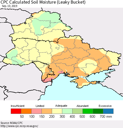 Ukraine, Moldova and Belarus CPC Calculated Soil Moisture (Leaky Bucket) Thematic Map For 9/6/2019 - 9/10/2019
