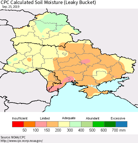 Ukraine, Moldova and Belarus CPC Calculated Soil Moisture (Leaky Bucket) Thematic Map For 9/21/2019 - 9/25/2019