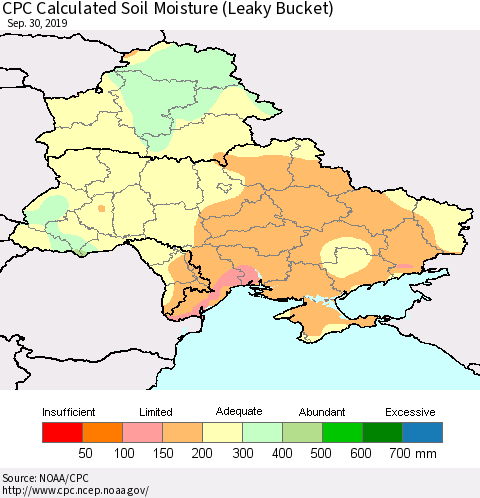 Ukraine, Moldova and Belarus CPC Calculated Soil Moisture (Leaky Bucket) Thematic Map For 9/26/2019 - 9/30/2019