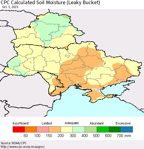 Ukraine, Moldova and Belarus CPC Calculated Soil Moisture (Leaky Bucket) Thematic Map For 10/1/2019 - 10/5/2019