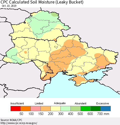 Ukraine, Moldova and Belarus CPC Calculated Soil Moisture (Leaky Bucket) Thematic Map For 10/6/2019 - 10/10/2019