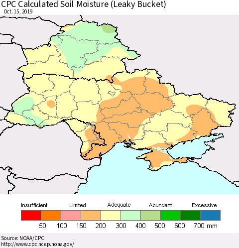 Ukraine, Moldova and Belarus CPC Calculated Soil Moisture (Leaky Bucket) Thematic Map For 10/11/2019 - 10/15/2019