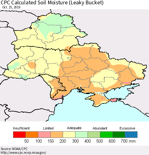 Ukraine, Moldova and Belarus CPC Calculated Soil Moisture (Leaky Bucket) Thematic Map For 10/21/2019 - 10/25/2019
