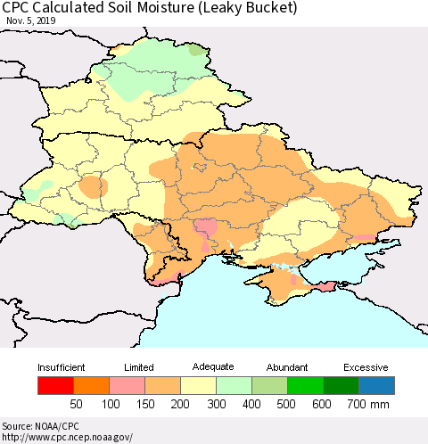 Ukraine, Moldova and Belarus CPC Calculated Soil Moisture (Leaky Bucket) Thematic Map For 11/1/2019 - 11/5/2019