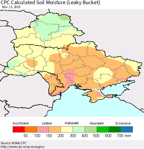 Ukraine, Moldova and Belarus CPC Calculated Soil Moisture (Leaky Bucket) Thematic Map For 11/11/2019 - 11/15/2019