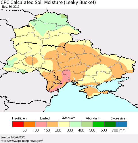 Ukraine, Moldova and Belarus CPC Calculated Soil Moisture (Leaky Bucket) Thematic Map For 11/26/2019 - 11/30/2019
