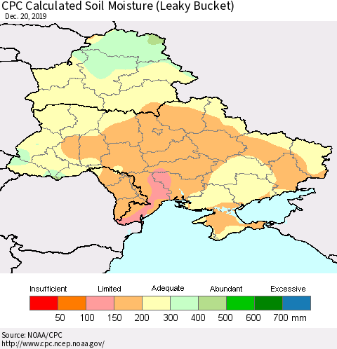 Ukraine, Moldova and Belarus CPC Calculated Soil Moisture (Leaky Bucket) Thematic Map For 12/16/2019 - 12/20/2019