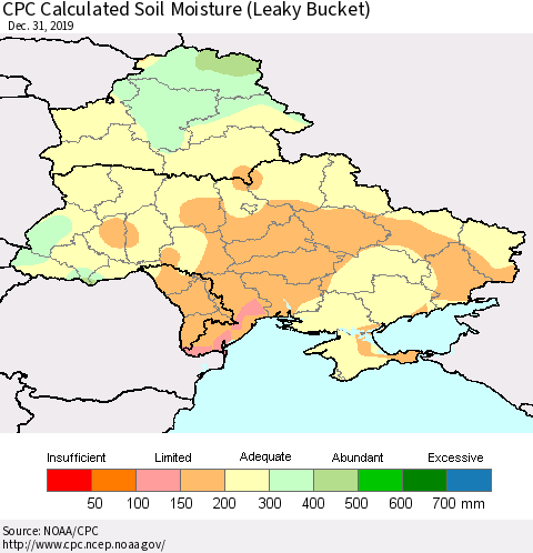Ukraine, Moldova and Belarus CPC Calculated Soil Moisture (Leaky Bucket) Thematic Map For 12/26/2019 - 12/31/2019