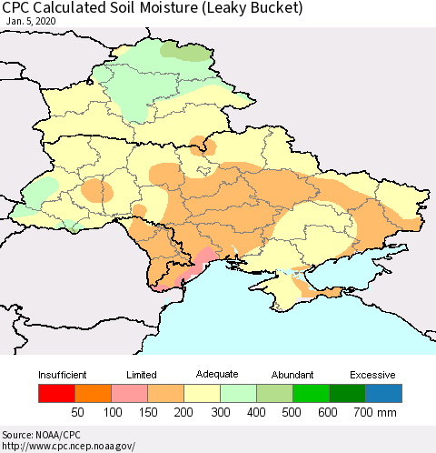 Ukraine, Moldova and Belarus CPC Calculated Soil Moisture (Leaky Bucket) Thematic Map For 1/1/2020 - 1/5/2020