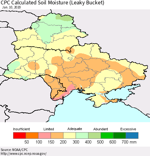 Ukraine, Moldova and Belarus CPC Calculated Soil Moisture (Leaky Bucket) Thematic Map For 1/6/2020 - 1/10/2020