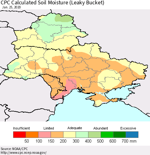 Ukraine, Moldova and Belarus CPC Calculated Soil Moisture (Leaky Bucket) Thematic Map For 1/21/2020 - 1/25/2020