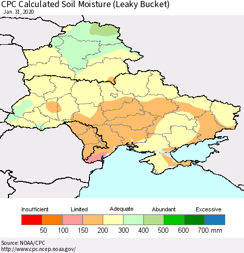 Ukraine, Moldova and Belarus CPC Calculated Soil Moisture (Leaky Bucket) Thematic Map For 1/26/2020 - 1/31/2020