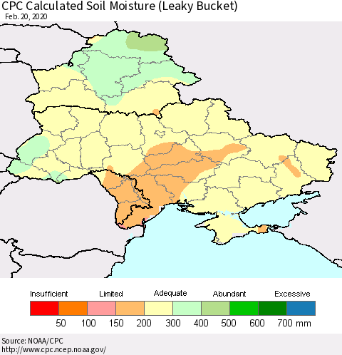Ukraine, Moldova and Belarus CPC Calculated Soil Moisture (Leaky Bucket) Thematic Map For 2/16/2020 - 2/20/2020