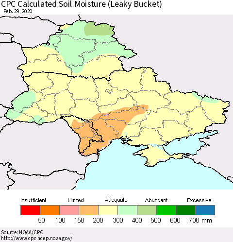 Ukraine, Moldova and Belarus CPC Calculated Soil Moisture (Leaky Bucket) Thematic Map For 2/26/2020 - 2/29/2020