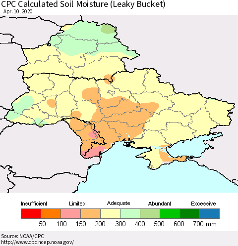 Ukraine, Moldova and Belarus CPC Calculated Soil Moisture (Leaky Bucket) Thematic Map For 4/6/2020 - 4/10/2020
