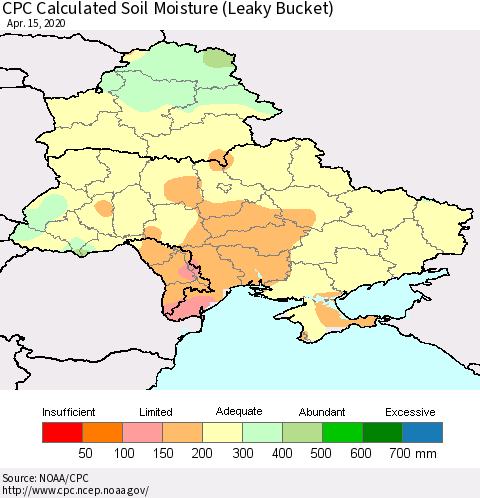 Ukraine, Moldova and Belarus CPC Calculated Soil Moisture (Leaky Bucket) Thematic Map For 4/11/2020 - 4/15/2020