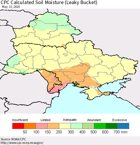 Ukraine, Moldova and Belarus CPC Calculated Soil Moisture (Leaky Bucket) Thematic Map For 5/11/2020 - 5/15/2020