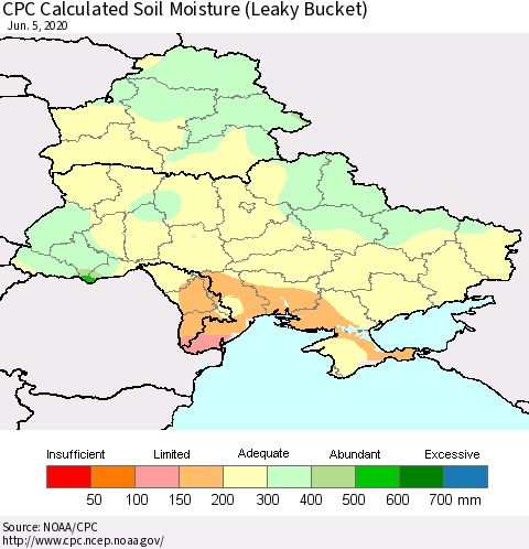Ukraine, Moldova and Belarus CPC Calculated Soil Moisture (Leaky Bucket) Thematic Map For 6/1/2020 - 6/5/2020
