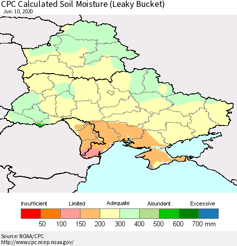 Ukraine, Moldova and Belarus CPC Calculated Soil Moisture (Leaky Bucket) Thematic Map For 6/6/2020 - 6/10/2020