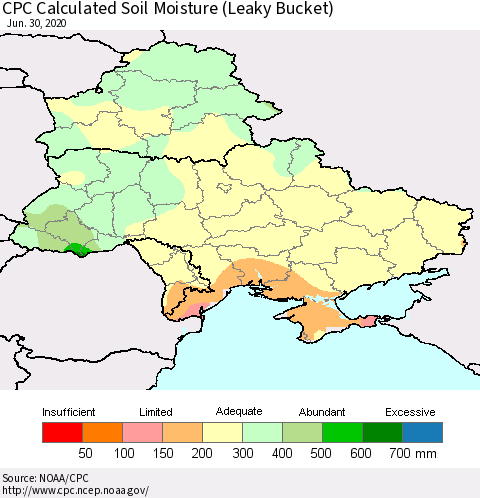 Ukraine, Moldova and Belarus CPC Calculated Soil Moisture (Leaky Bucket) Thematic Map For 6/26/2020 - 6/30/2020