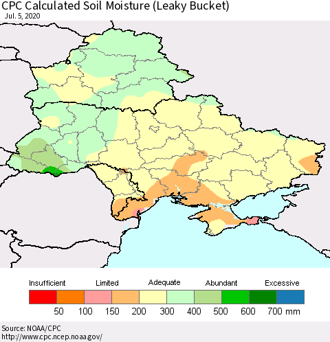 Ukraine, Moldova and Belarus CPC Calculated Soil Moisture (Leaky Bucket) Thematic Map For 7/1/2020 - 7/5/2020