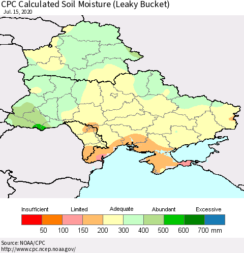 Ukraine, Moldova and Belarus CPC Calculated Soil Moisture (Leaky Bucket) Thematic Map For 7/11/2020 - 7/15/2020