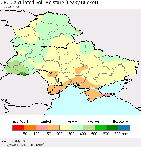 Ukraine, Moldova and Belarus CPC Calculated Soil Moisture (Leaky Bucket) Thematic Map For 7/16/2020 - 7/20/2020