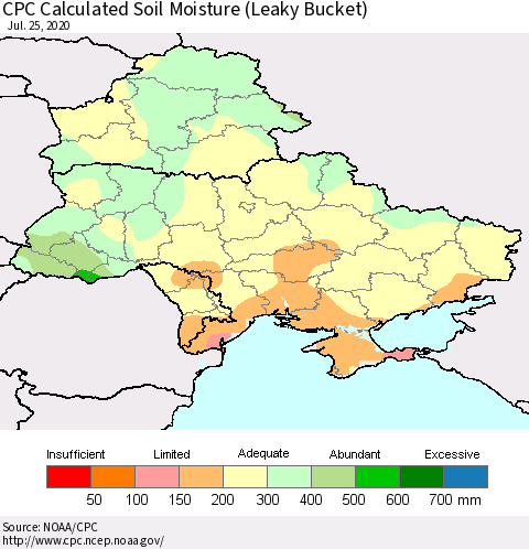 Ukraine, Moldova and Belarus CPC Calculated Soil Moisture (Leaky Bucket) Thematic Map For 7/21/2020 - 7/25/2020