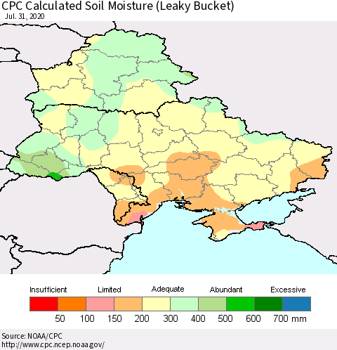 Ukraine, Moldova and Belarus CPC Soil Moisture (Leaky Bucket) Thematic Map For 7/26/2020 - 7/31/2020