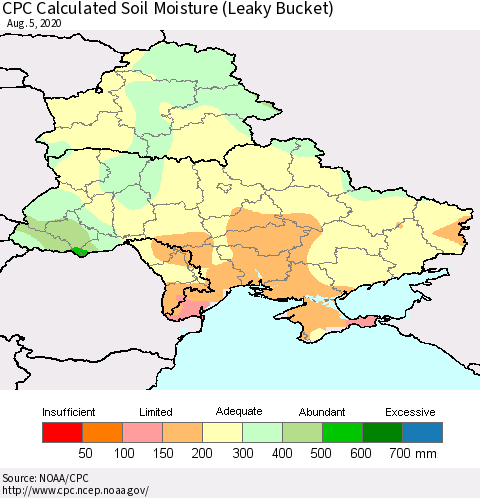 Ukraine, Moldova and Belarus CPC Calculated Soil Moisture (Leaky Bucket) Thematic Map For 8/1/2020 - 8/5/2020
