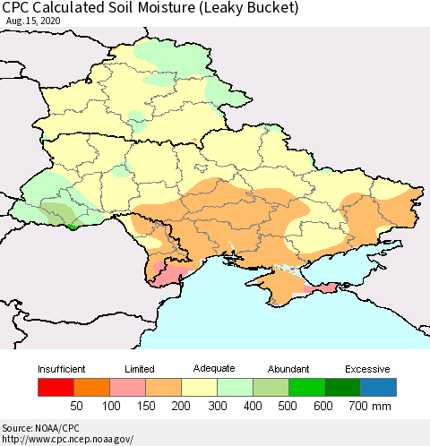 Ukraine, Moldova and Belarus CPC Calculated Soil Moisture (Leaky Bucket) Thematic Map For 8/11/2020 - 8/15/2020