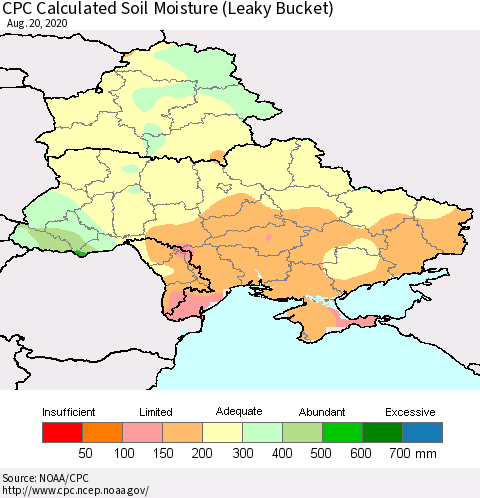 Ukraine, Moldova and Belarus CPC Calculated Soil Moisture (Leaky Bucket) Thematic Map For 8/16/2020 - 8/20/2020